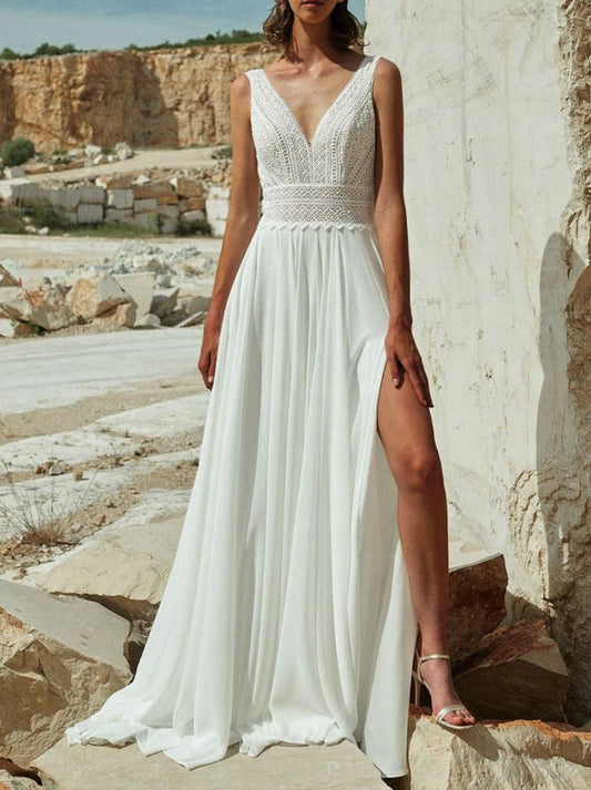 Ivory Boho Wedding Dress Chiffon Split Front A-Line Sweep Backless Sleeveless V-Neck Bridal Dresses