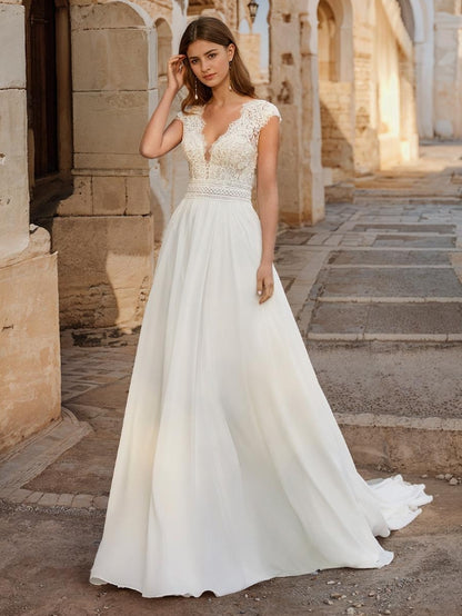 Boho Wedding Dress Chiffon Lace A-Line Sweep Natural Waist Backless Sleeveless V-Neck Ivory