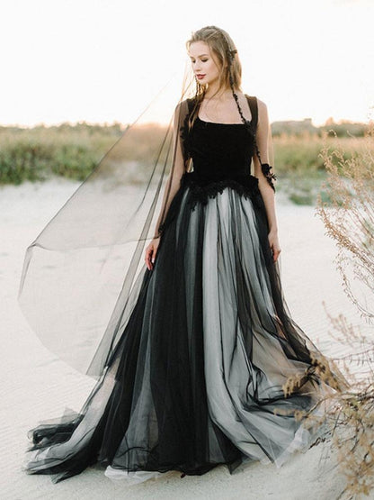 Gothic Black Wedding Dresses A-Line Square Neckline Sleeveless Lace Tulle Velour Floor-Length Bridal Dress