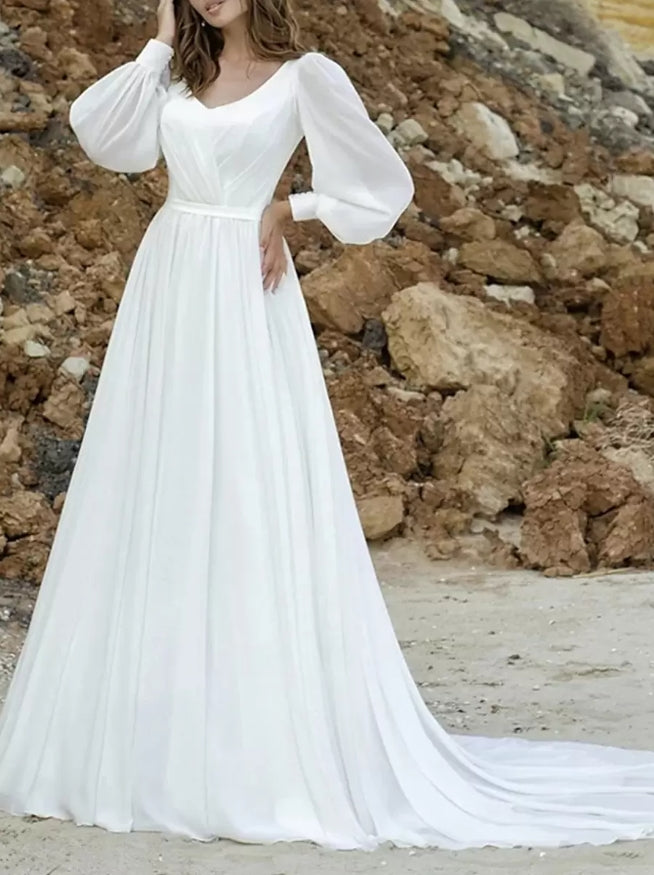 Boho Wedding Dress Chiffon Pleated A-Line With Train Lace-up Long Sleeves V-Neck Ivory Bride Gown