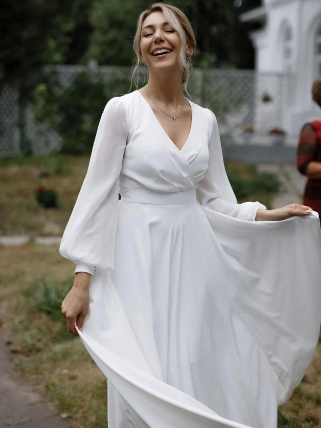 Simple Wedding Dress A-Line V-Neck Long Sleeves Sash Bridal Gowns With Slit