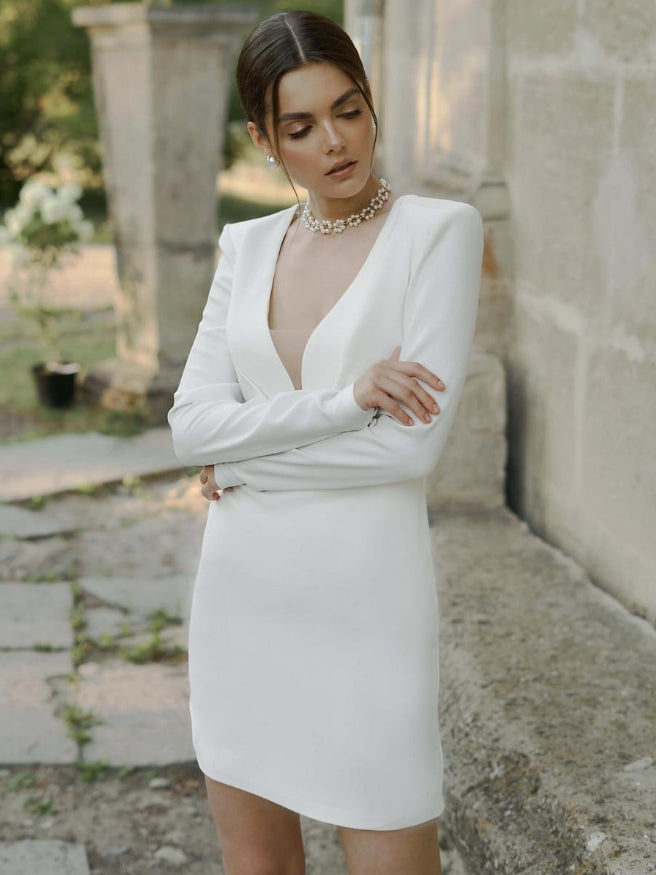 Short Wedding Dress V-Neck Long Sleeves Sheath Short Bridal Gowns