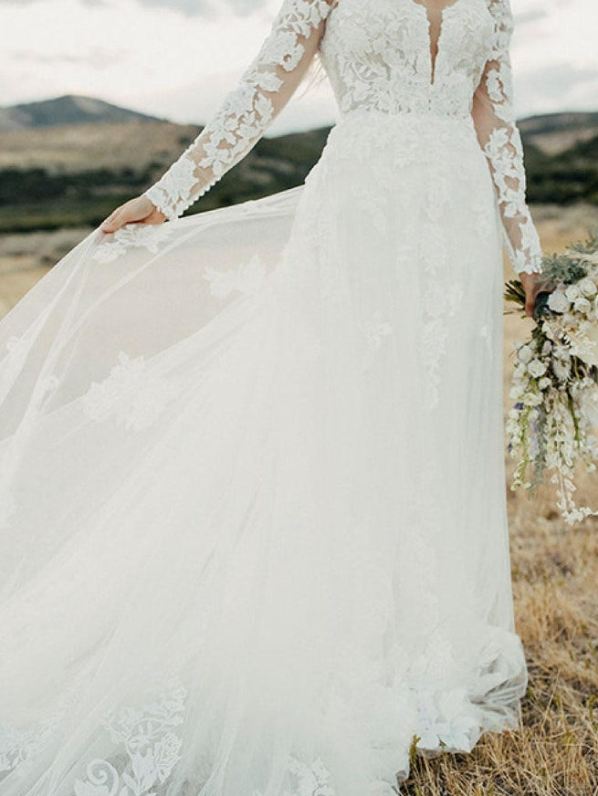 White Lace Wedding Dress V-Neck Long Sleeves Backless With Train Tulle Bridal Gowns