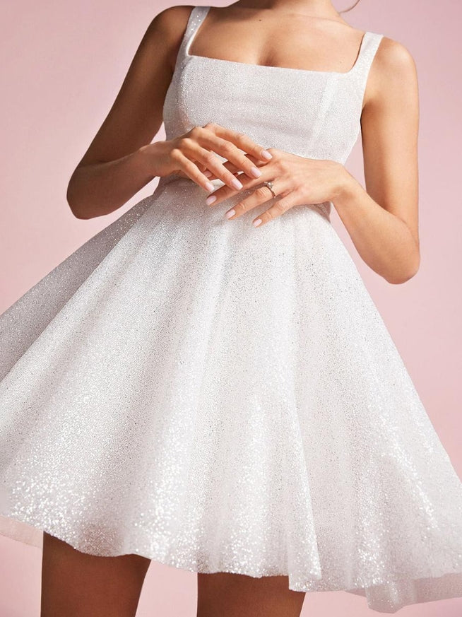 Sparkling Short Wedding Dresses Square Neck Sleeveless A-Line Short Bridal Dresses