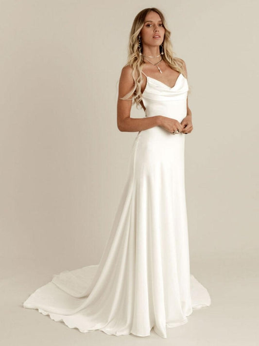 Simple Wedding Dress Satin Jewel Neck Sleeveless Lace Sheath Bridal Dresses With Sweep Train