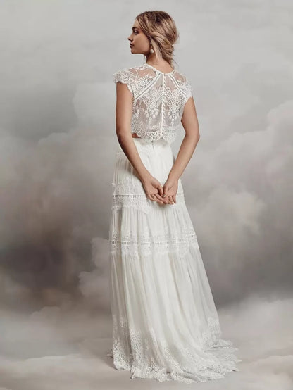 Two Piece Wedding Dress Lace A-Line With Train Natural Waist Wedding Dress Functional Buttons Short Sleeves Jewel Neck Ivory