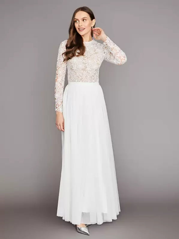 Two-piece Wedding Dress Lace Jewel Neck A-Line Ankle-Length Long Sleeves Ivory