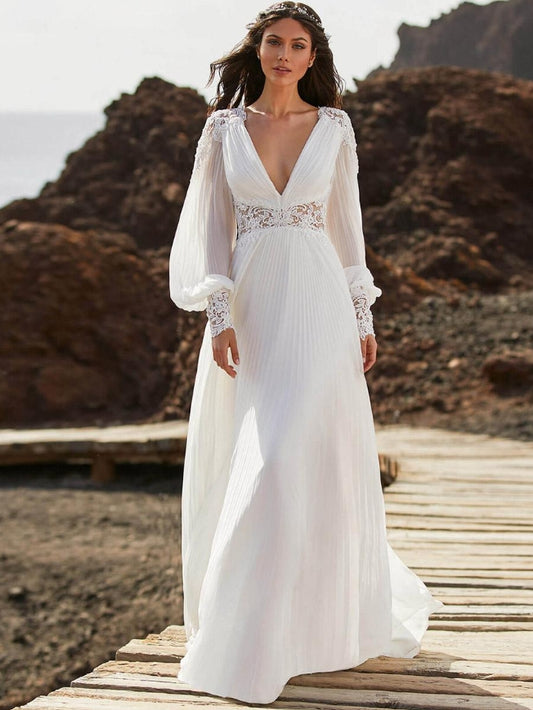 Boho Wedding Dress Chiffon Lace A-Line Sweep Natural Waist Zipper Long Sleeves V-Neck Ivory