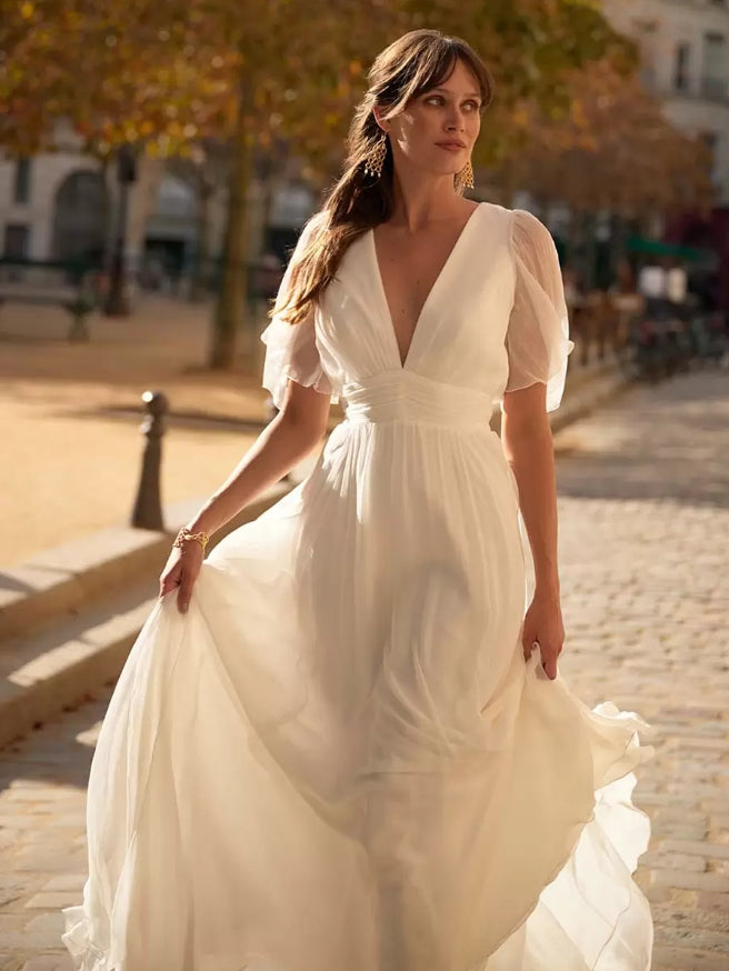 Simple Wedding Dress A-Line V-Neck Short Sleeves Bridal Dresses