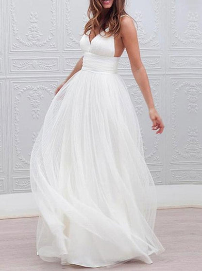 Simple Wedding Dresses A Line V Neck Straps Backless Tulle Beach Wedding Bridal Dress