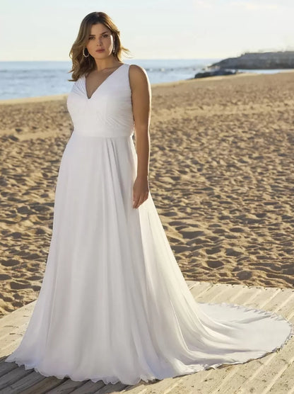 Simple Wedding Dress Chiffon V-Neck Sleeveless Sash A-Line Bridal Dresses