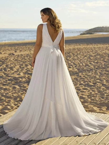 Simple Wedding Dress Chiffon V-Neck Sleeveless Sash A-Line Bridal Dresses