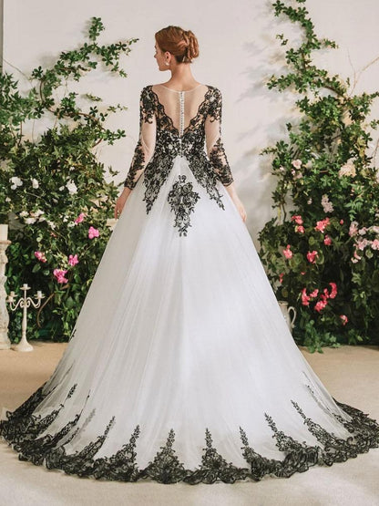 Gothic Black Wedding Dresses A-Line Long Sleeves Lace With Train Bridal Gown