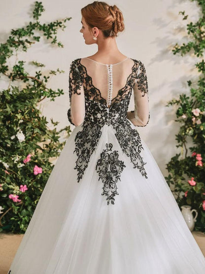 Gothic Black Wedding Dresses A-Line Long Sleeves Lace With Train Bridal Gown