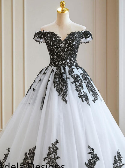 Black And White Wedding Dresses A-Line Short Sleeves Lace Tulle Floor-Length Bridal Gown