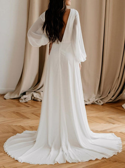 White Causal Wedding Dress With Train A-Line V-Neck Long Sleeves Lace Chiffon Bridal Dresses