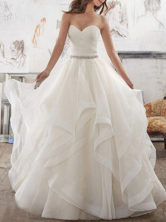 Wedding Dresses A-Line Princess Ball Gown Sweet Heart Sleeveless Floor Length Asymmetry Hem Tulle Bridal Gown