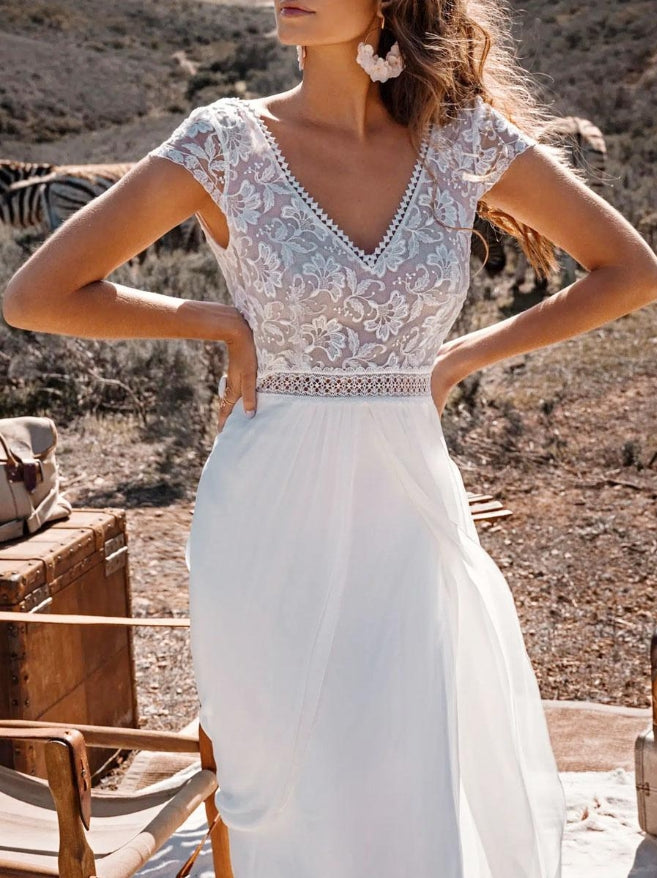 Ivory Boho Wedding Dress Lace A-Line With Train Backless Short Sleeves V-Neck Bridal Dresses