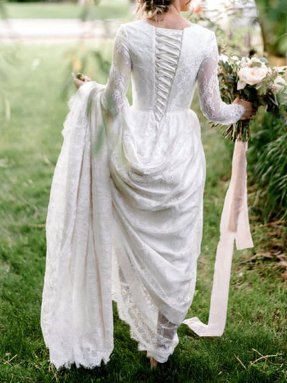 Ivory Simple Lace Wedding Dress With Train A-Line Jewel Neck Lace Up Long Sleeves Bridal Gowns