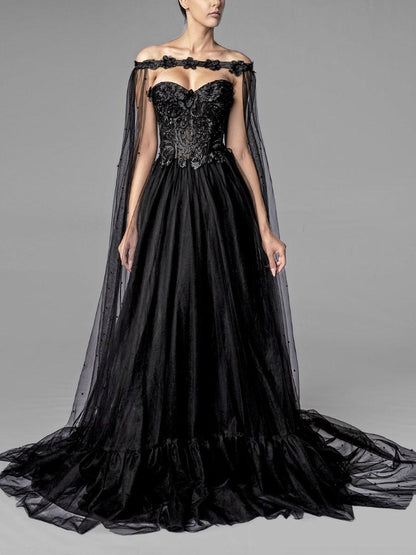 Black Wedding Dresses A-Line Sleeveless Lace With Train Bridal Gown