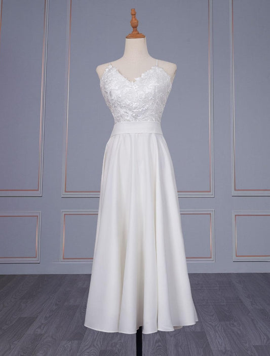 Short Wedding Dress V Neck Sleeveless A Line Tea Length Straps Bridal Gowns