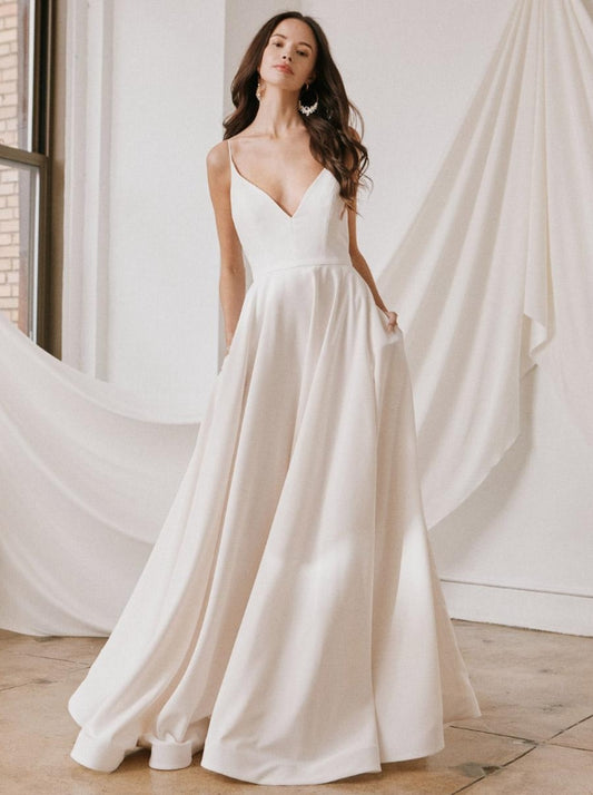 Simple Wedding Dress Satin Fabric V-Neck Sleeveless A-Line Bridal Dresses