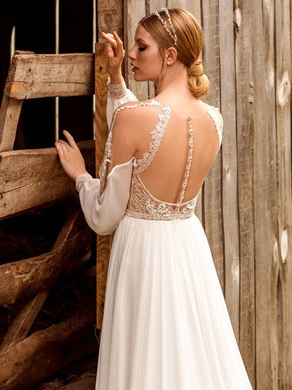 Boho Wedding Dress Lace Split Front A-Line Sweep Natural Waist Wedding Dress Long Sleeves Illusion Neckline Ivory