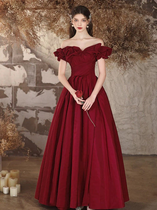 A-Line Off Shoulder Satin Burgundy Long Prom Dress Formal Dress