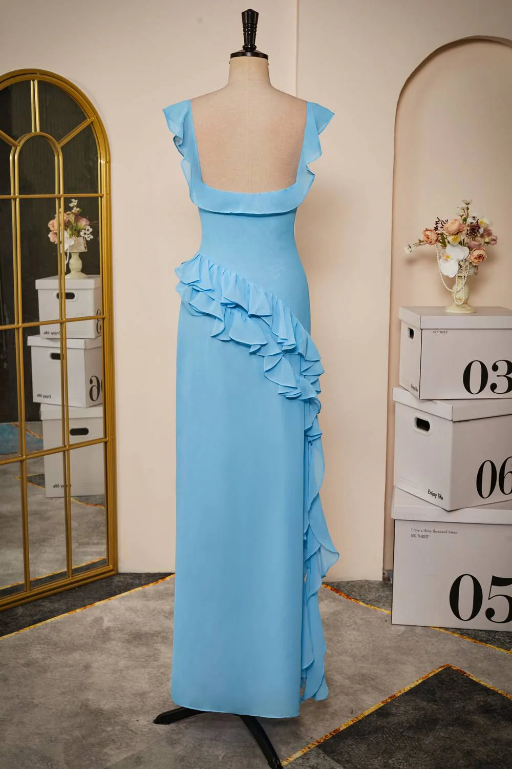 Elegant Blue Ruffle Slit Chiffon Long Bridesmaid Dress With Slit