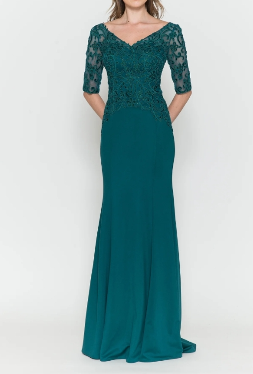 Mermaid Embroidered V-Neck Sheer-Sleeved Formal Prom Dress