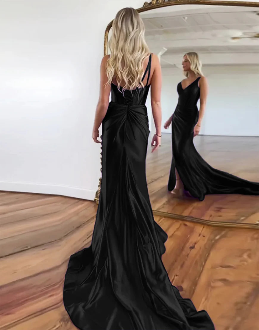 V-Neck Ruched Satin Prom Dress with Slit Sweep/Brush Train Dresses