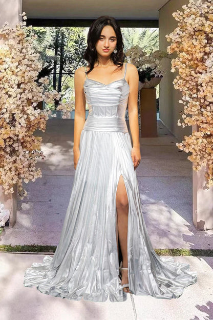 Silver Spaghetti Strap Satin Floor-length Pleated Prom Dress with Slit