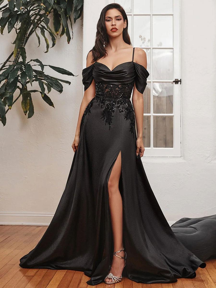 A-Line Square Neck With Train Sleeveless Backless Split Front Satin Formal Evening Dresses With Sweep Train