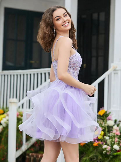 Cute A-Line Appliqued Corset Top Short Tulle Dress Lilac Homecoming Dress