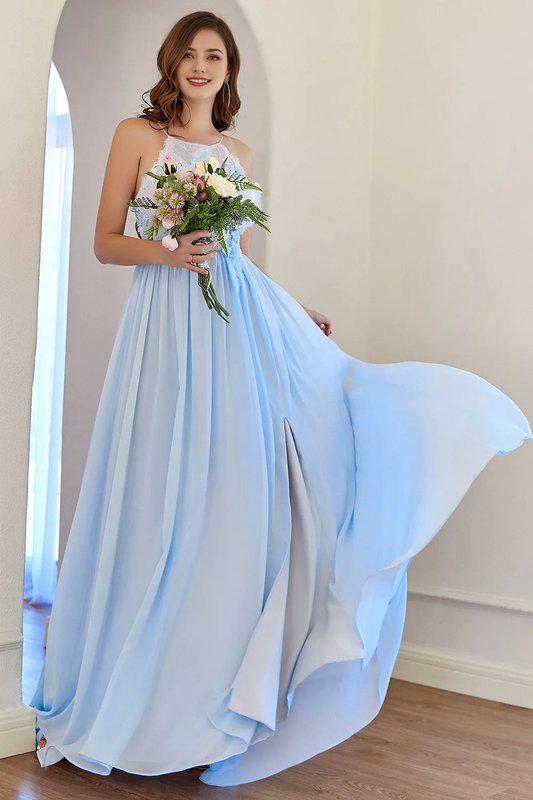 Light Blue Chiffon Long Prom Dress with Lace A-Line Wedding Guest Party Dresses