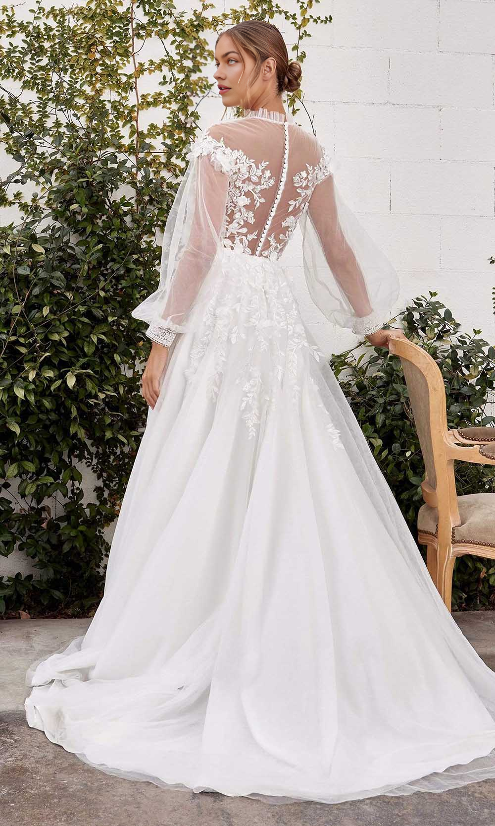 A-Line High Neck Shirred Bridal Gown Long Sleeves Wedding Dress With Appliques