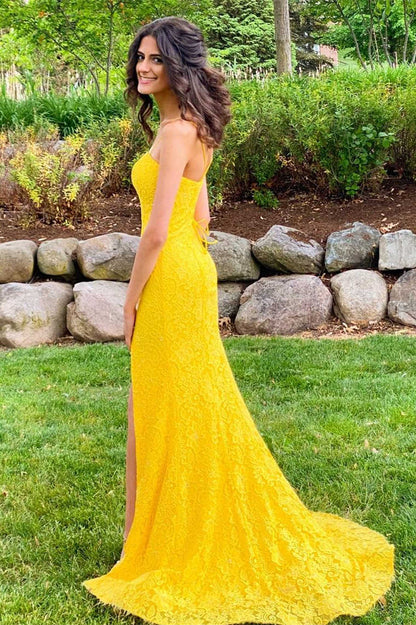 Mermaid Side Slit Yellow Lace Long Prom Dress Sweep/Brush Train Dresses