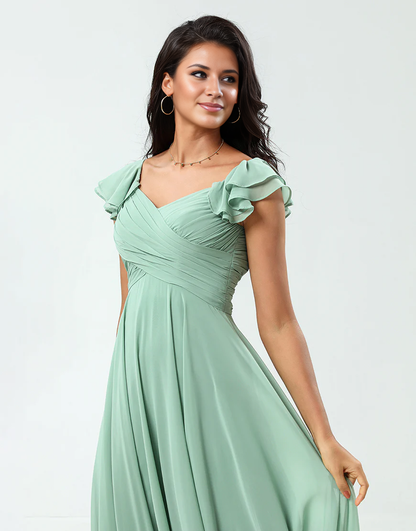 Simple Lace-Up Back A Line Chiffon Green Bridesmaid Dress with Ruffles