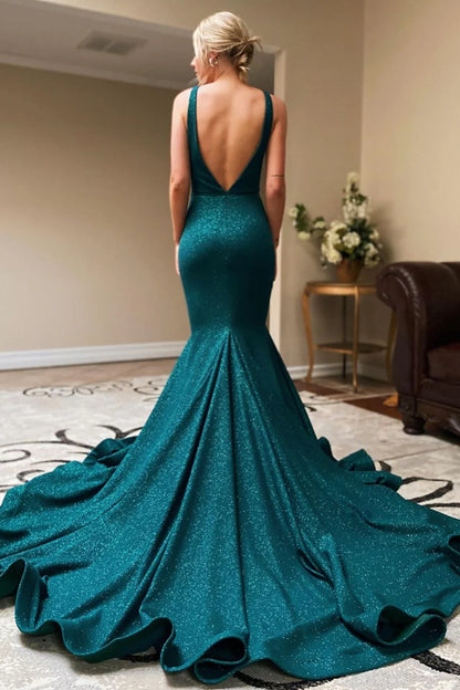 Glitter Stunning Deep V-Neck Mermaid Long Prom Evening Dress with Slit