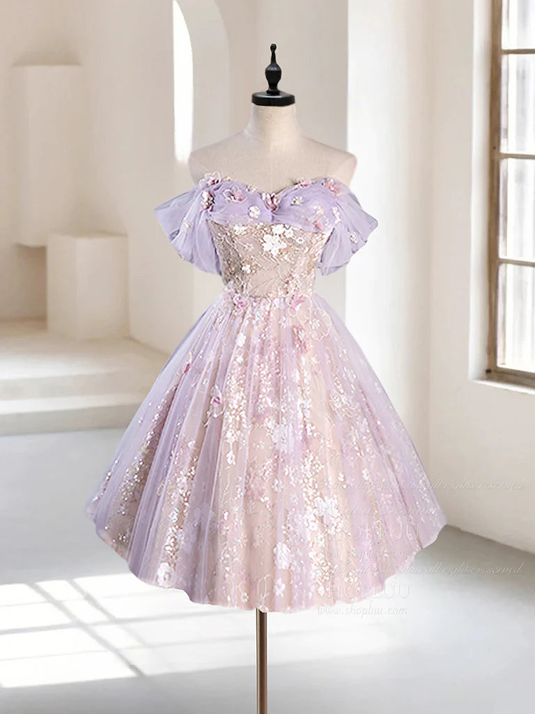 A-Line Sequins Off Shoulder Tulle Lace Purple Short Prom Dress Homecoming Dress