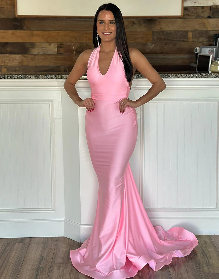 Pink Mermaid Halter Neck Backless Long Prom Dress Sweep/Brush Train Dresses