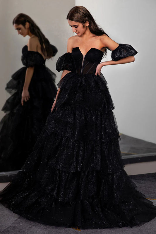 A-Line Princess Black Tiered Strapless Prom Gown with Sleeves Bubble Sleeved Ballgown