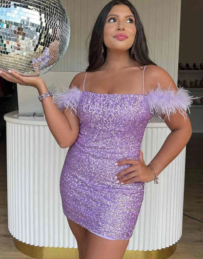 Off the Shoulder Lavender Sequins With Lace Up Back Homecoming Dress with Feathers