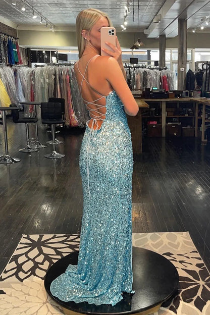 Sheath Light Blue V-Neck Lace-Up Back Sequins Prom Dress with Slit Sweep/Brush Train Dresses