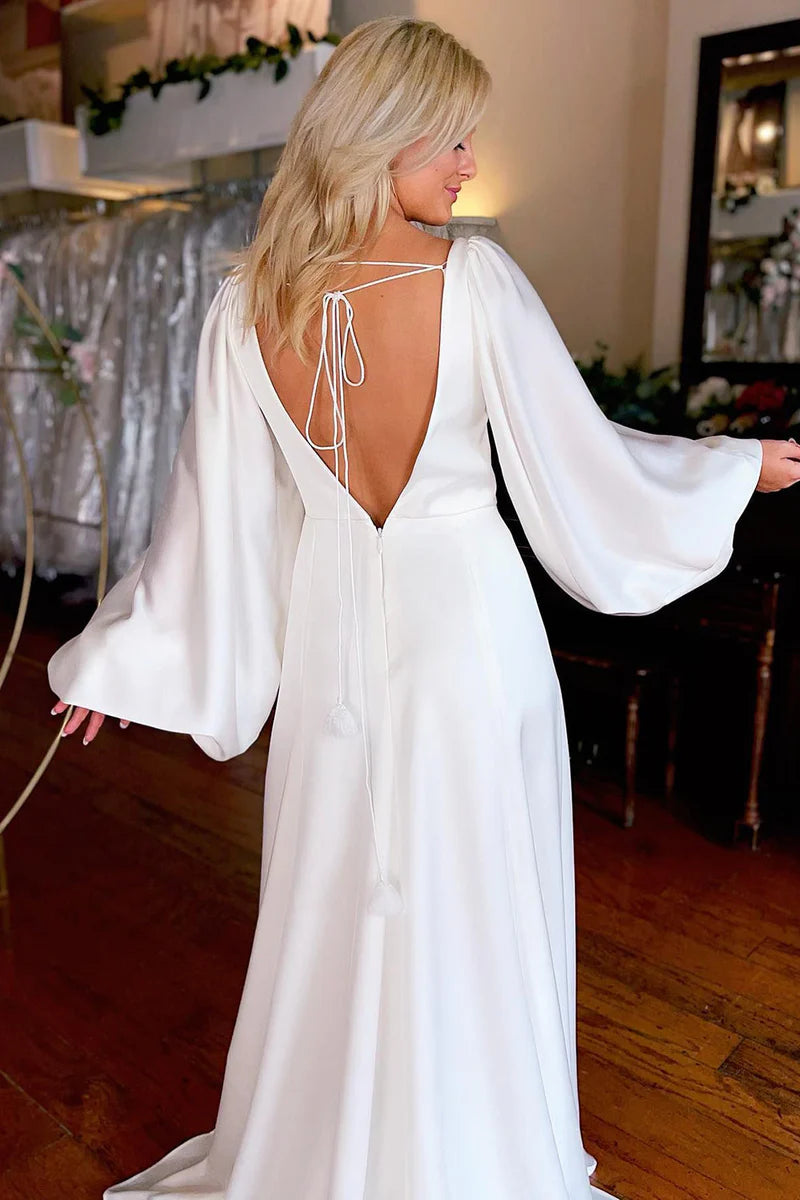 White Satin Simple A-Line V-Neck Long Wedding Dress With Slit