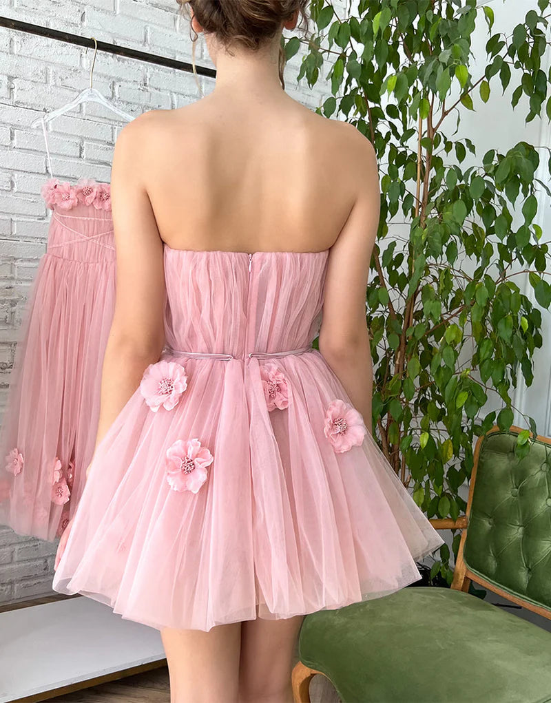 A-line Tulle Homecoming Dress with Handmade 3D Flowers