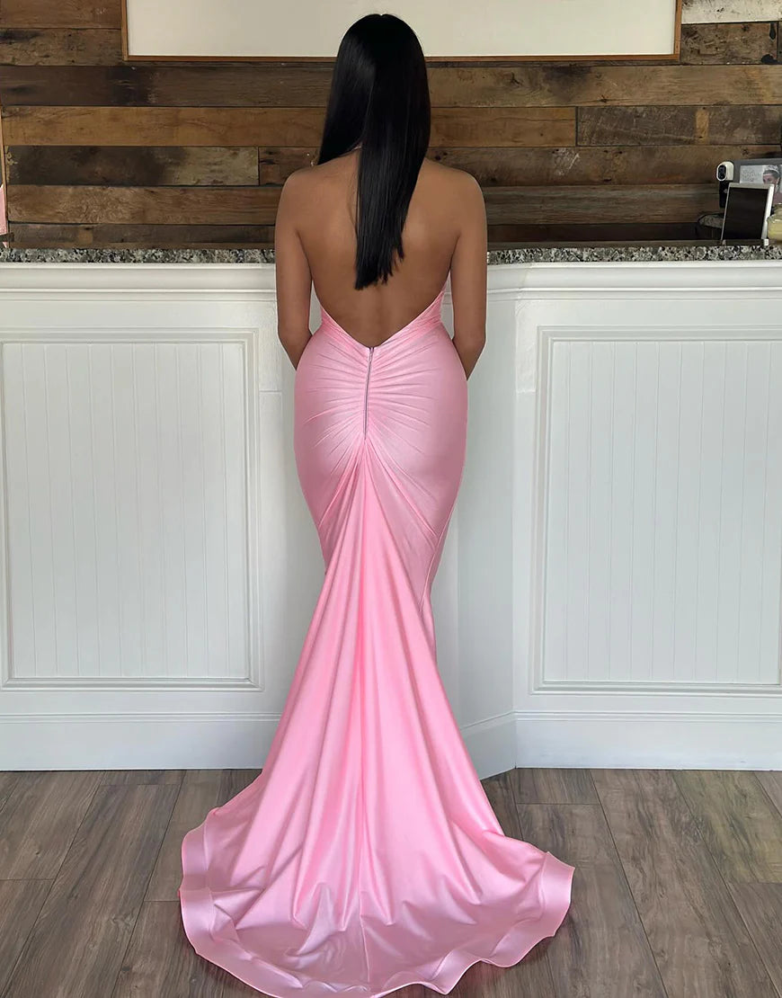 Pink Mermaid Halter Neck Backless Long Prom Dress Sweep/Brush Train Dresses