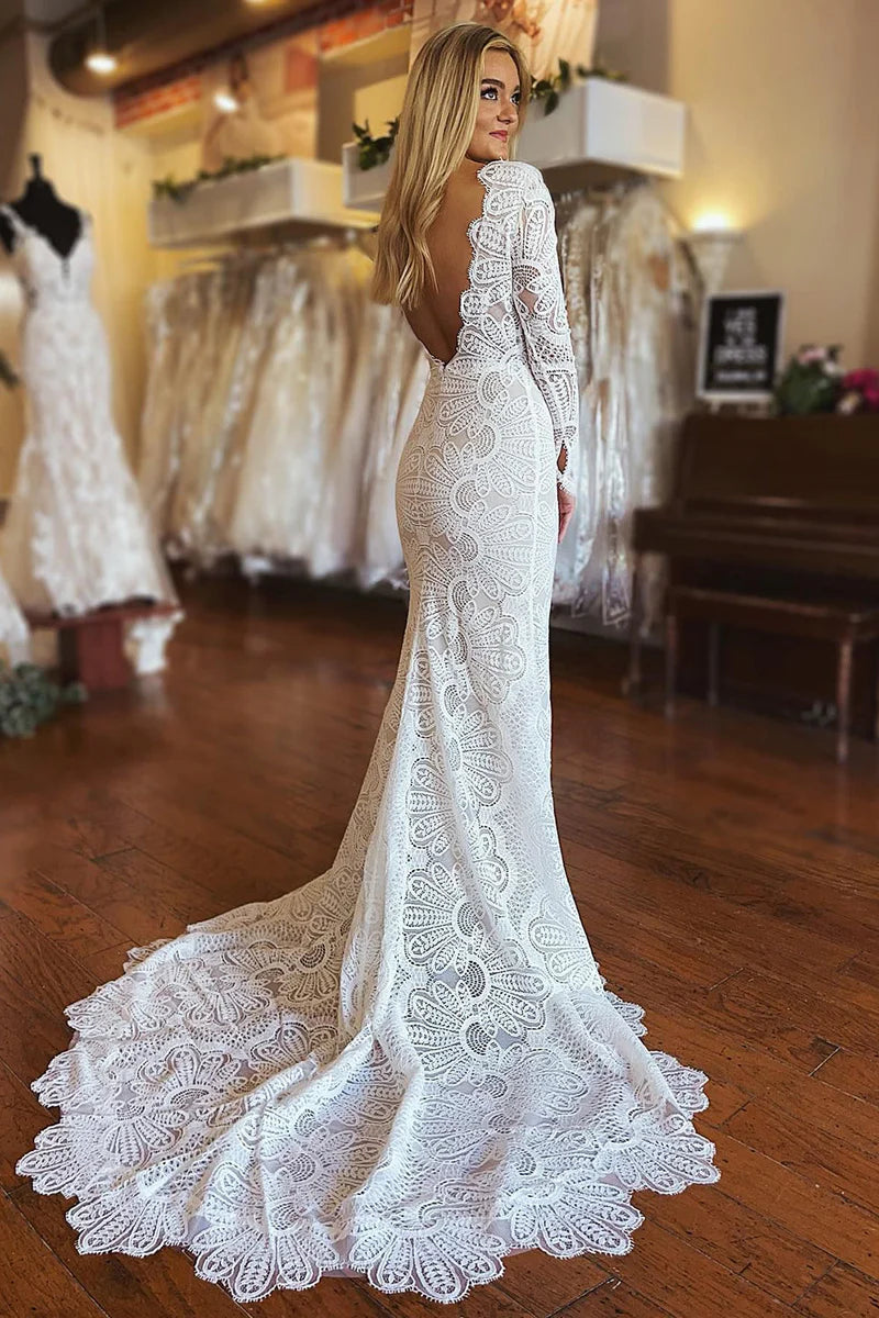 White Mermaid Boho Long Lace Wedding Dress Long Sleeves With Slit