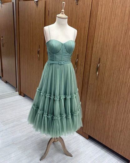 Sage Tiered Tulle Tea Length Corset Dress Cute A-Line Prom Dress