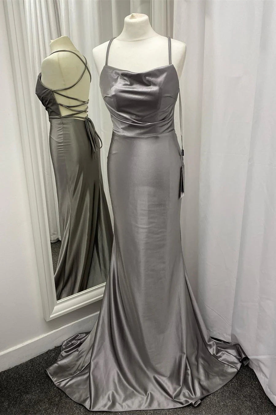 Criss Cross Back Grey Satin Long Prom Dress Court Train Dresses